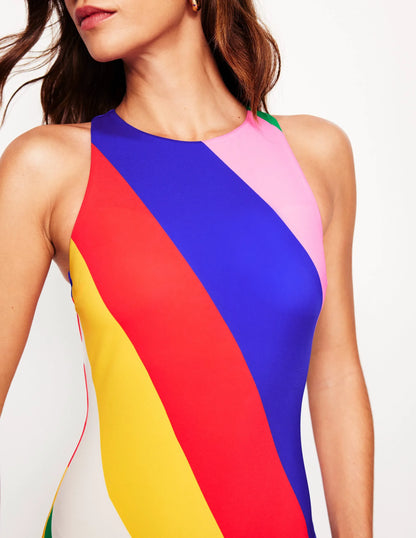 Sporty High Neck Swimsuit-Multi, Rainbow Cascade