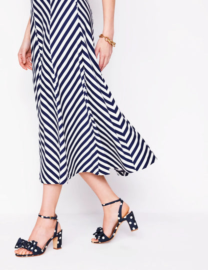 Bow Heeled Sandals-Navy and Ecru Spot