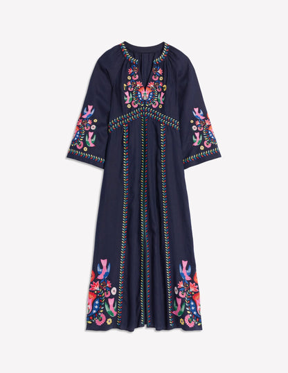 Una Linen Midi Dress-Navy, Multi Embroidery