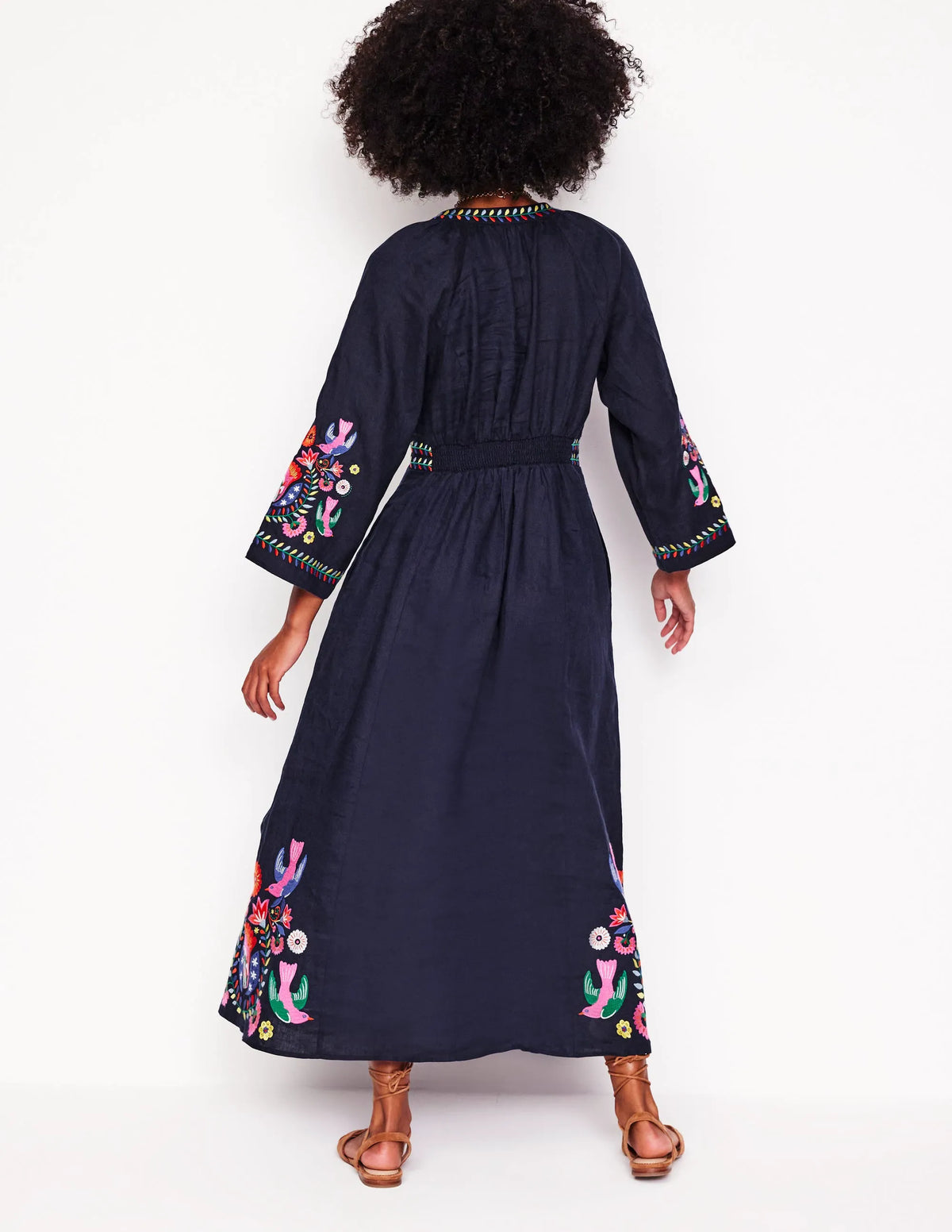 Una Linen Midi Dress-Navy, Multi Embroidery