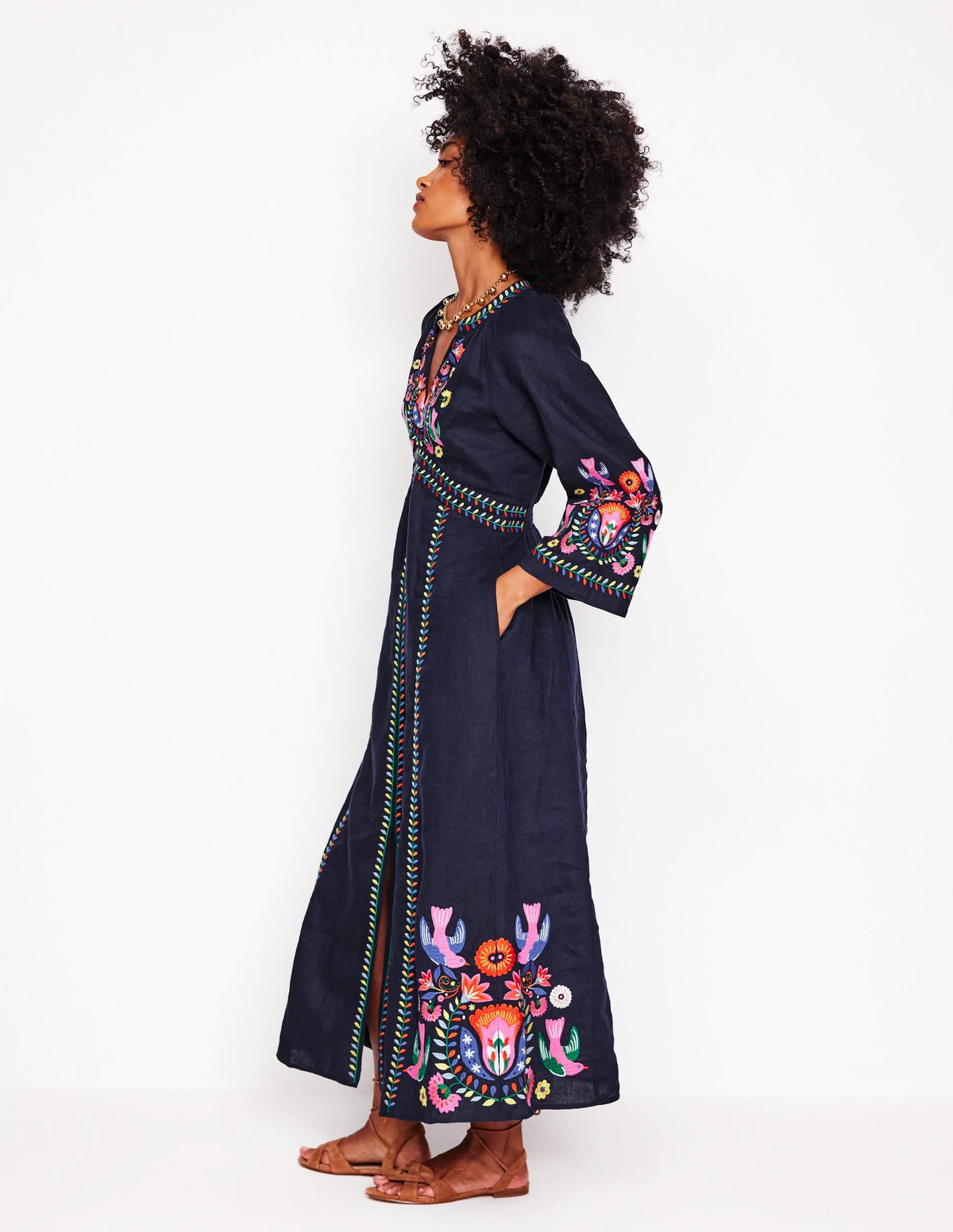 Una Linen Midi Dress-Navy, Multi Embroidery
