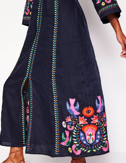 Una Linen Midi Dress-Navy, Multi Embroidery