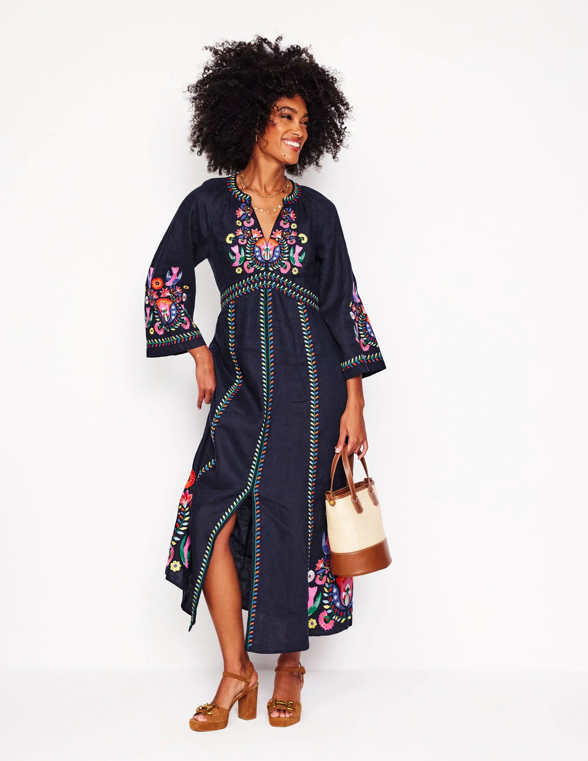 Una Linen Midi Dress-Navy, Multi Embroidery