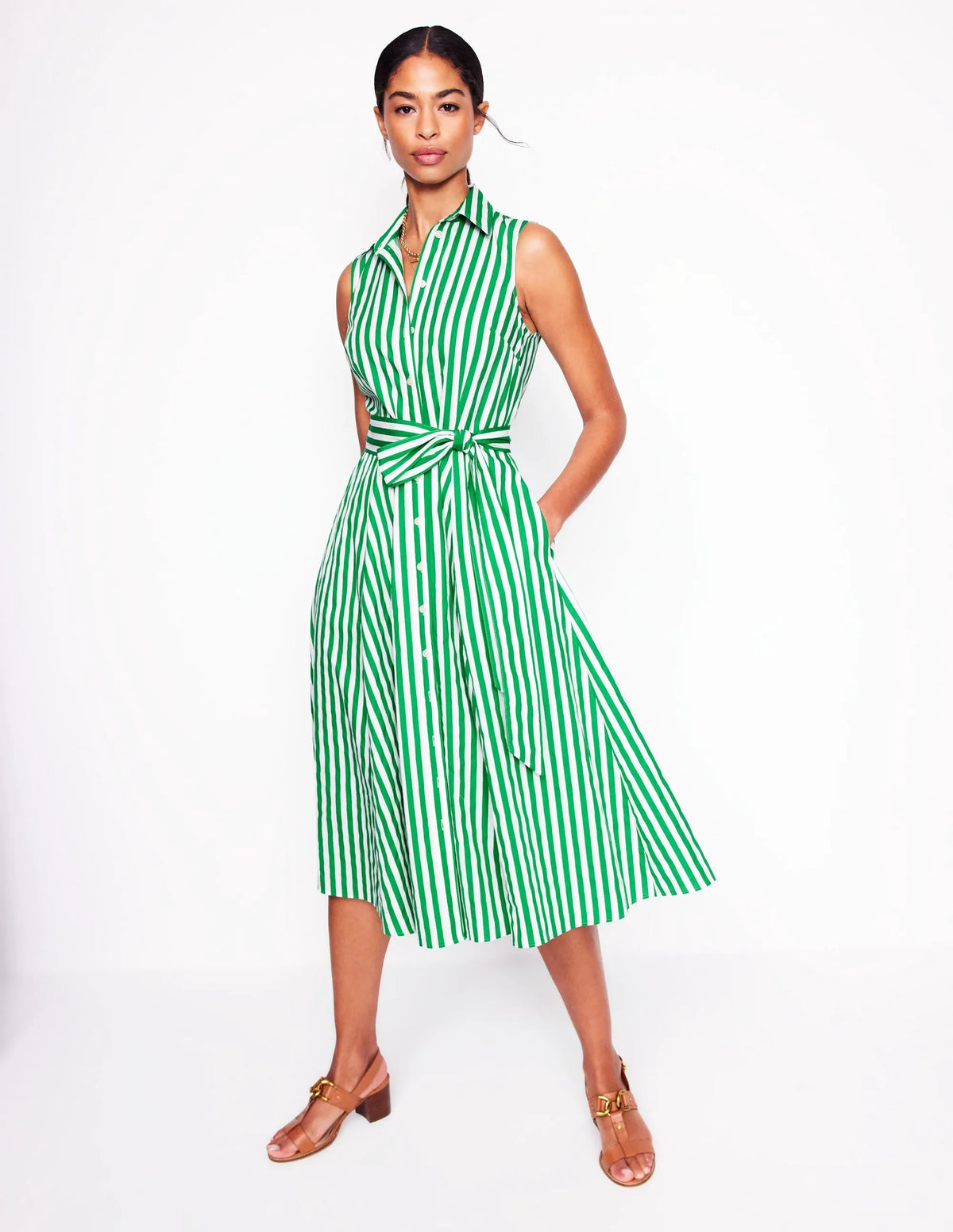 Amy Sleeveless Shirt Dress-Rich Emerald Stripe