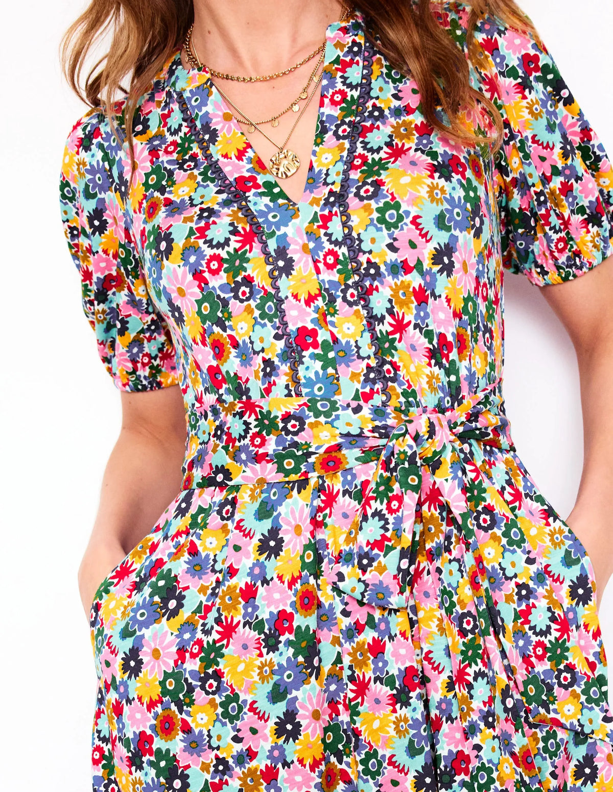 Sofia Trim Jersey Midi Dress-Multi, Paintbox Ditsy
