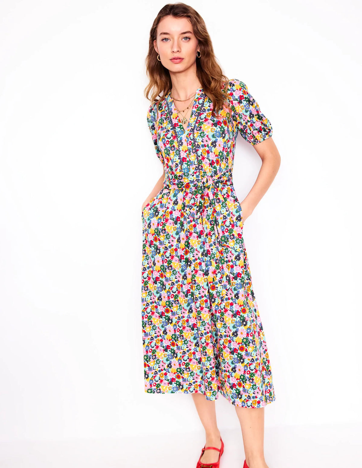 Sofia Trim Jersey Midi Dress-Multi, Paintbox Ditsy