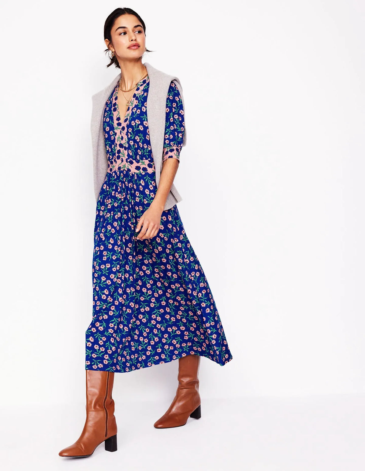 Lily Jersey Midi Tea Dress-Bright Blue, Carnation Sprig
