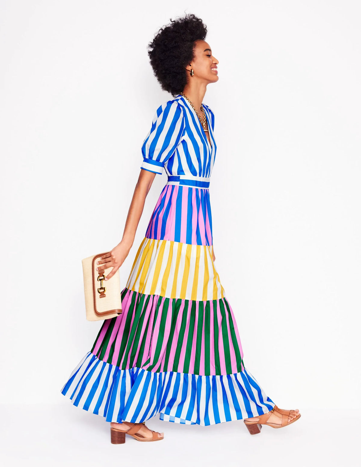 Bella Puff Sleeve Maxi Dress-Kingfisher Blue Stripe