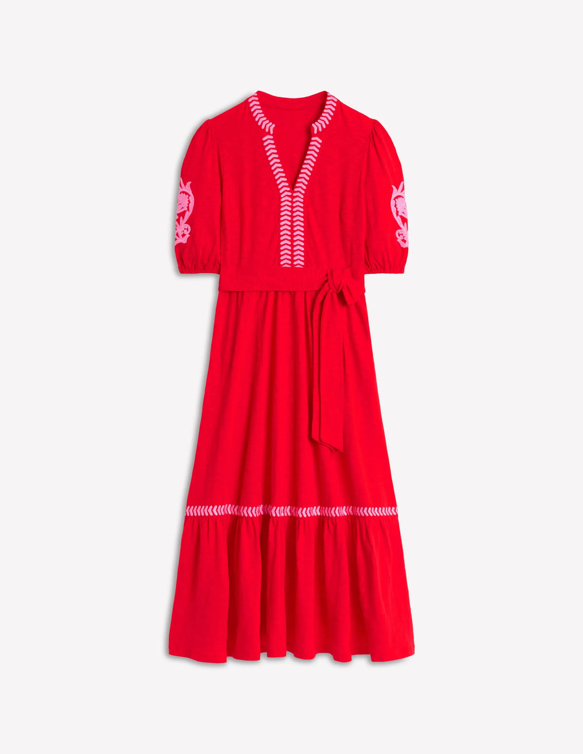 Amara Embroidered Jersey Dress-Poppy Red, Pink Peony