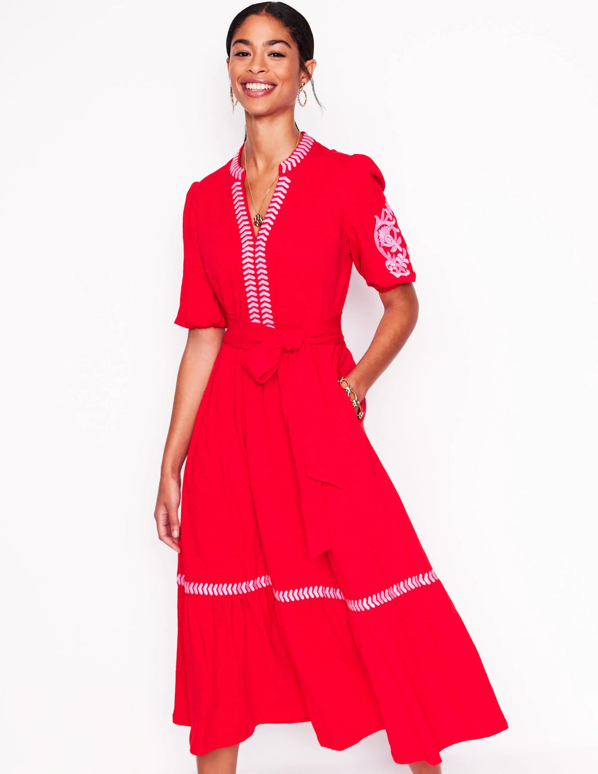 Amara Embroidered Jersey Dress-Poppy Red, Pink Peony