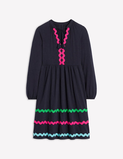 Corinna Ric Rac Jersey Dress-Navy