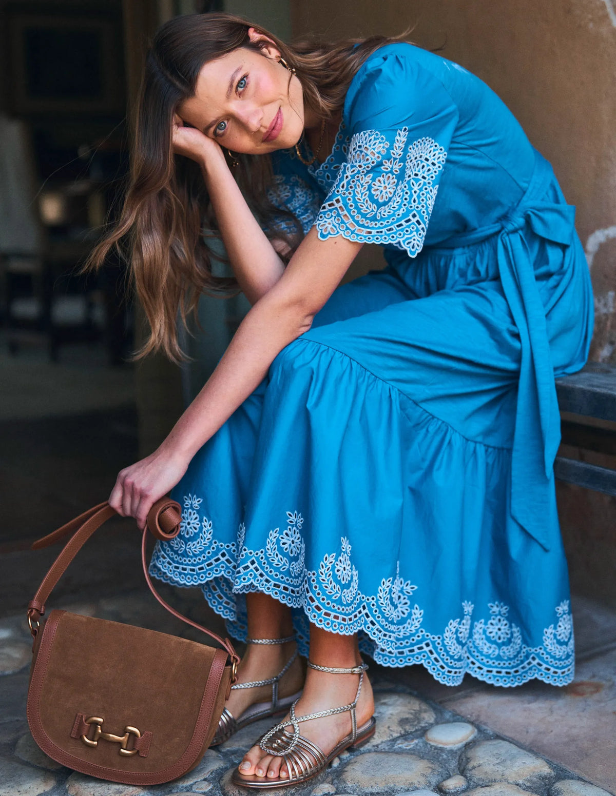 Isabel Broderie Mix maxi Dress-Cerulean Blue