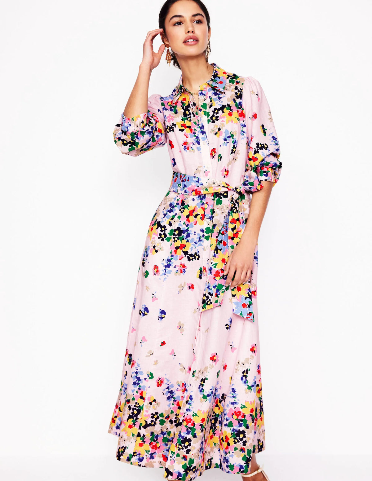 Clara Linen Blend Shirt Dress-Chalk Pink, Painterly Cluster