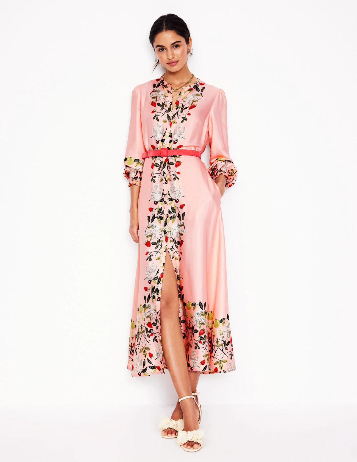 Ruby Collarless Shirt Dress-Pink, Bird Paradise