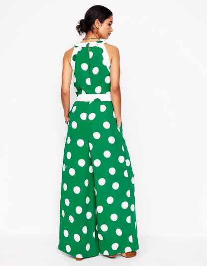 Colourblock Halter Jumpsuit-Rich Emerald, Abstract Dot