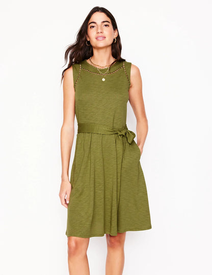 Mila Trim Short Jersey Dress-Deep Olive
