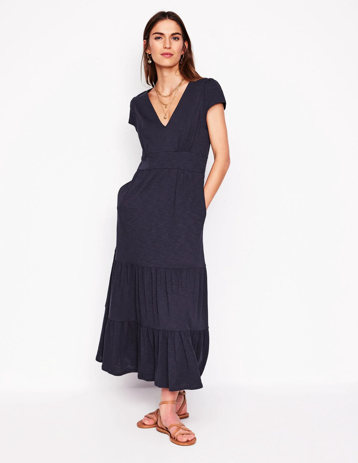 Eloise Tiered Jersey Dress-Navy