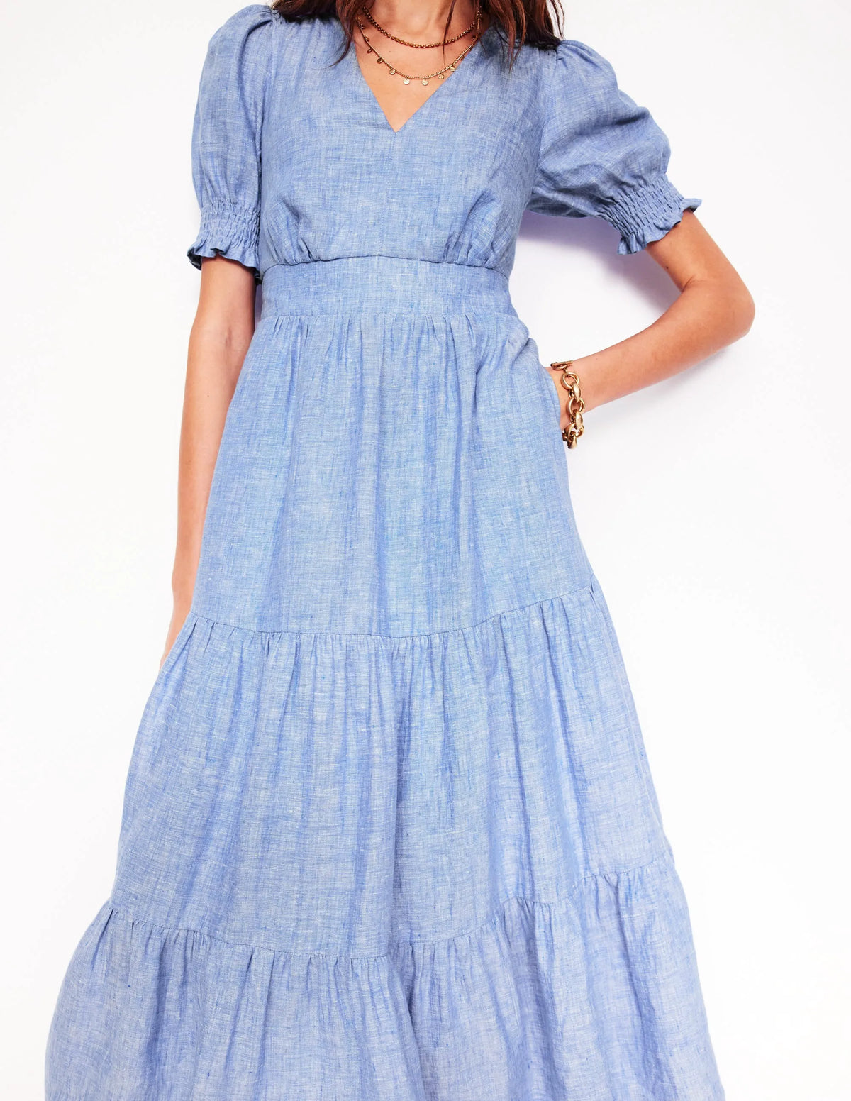 Anna Linen Tiered Midi Dress-Summer Blue Chambray