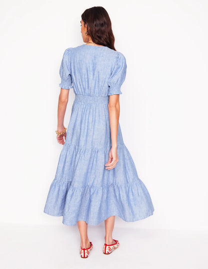 Anna Linen Tiered Midi Dress-Summer Blue Chambray
