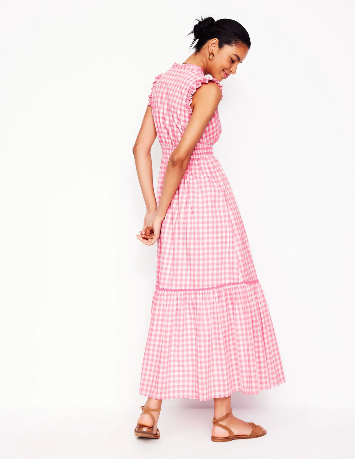 Wren Tiered Midi Dress-Salmon Pink Gingham