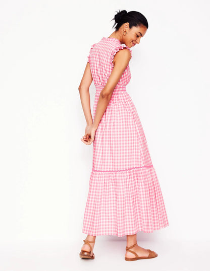 Wren Tiered Midi Dress-Salmon Pink Gingham