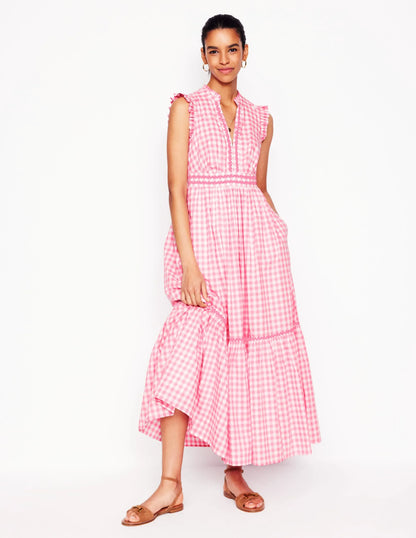 Wren Tiered Midi Dress-Salmon Pink Gingham