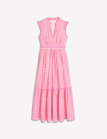 Wren Tiered Midi Dress-Salmon Pink Gingham