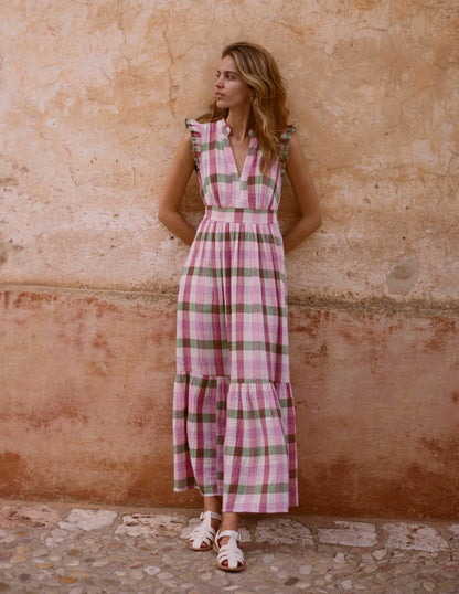 Wren Double Cloth Midi Dress-Pink and Green Multigingham