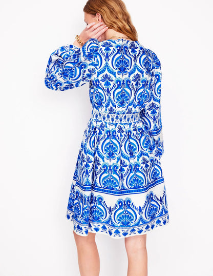 Mya Cotton Short Dress-Blue, Ornamental Floral
