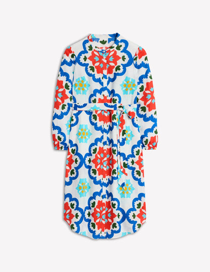 Straight Linen Shirt Dress-Ivory, Bloom Geo
