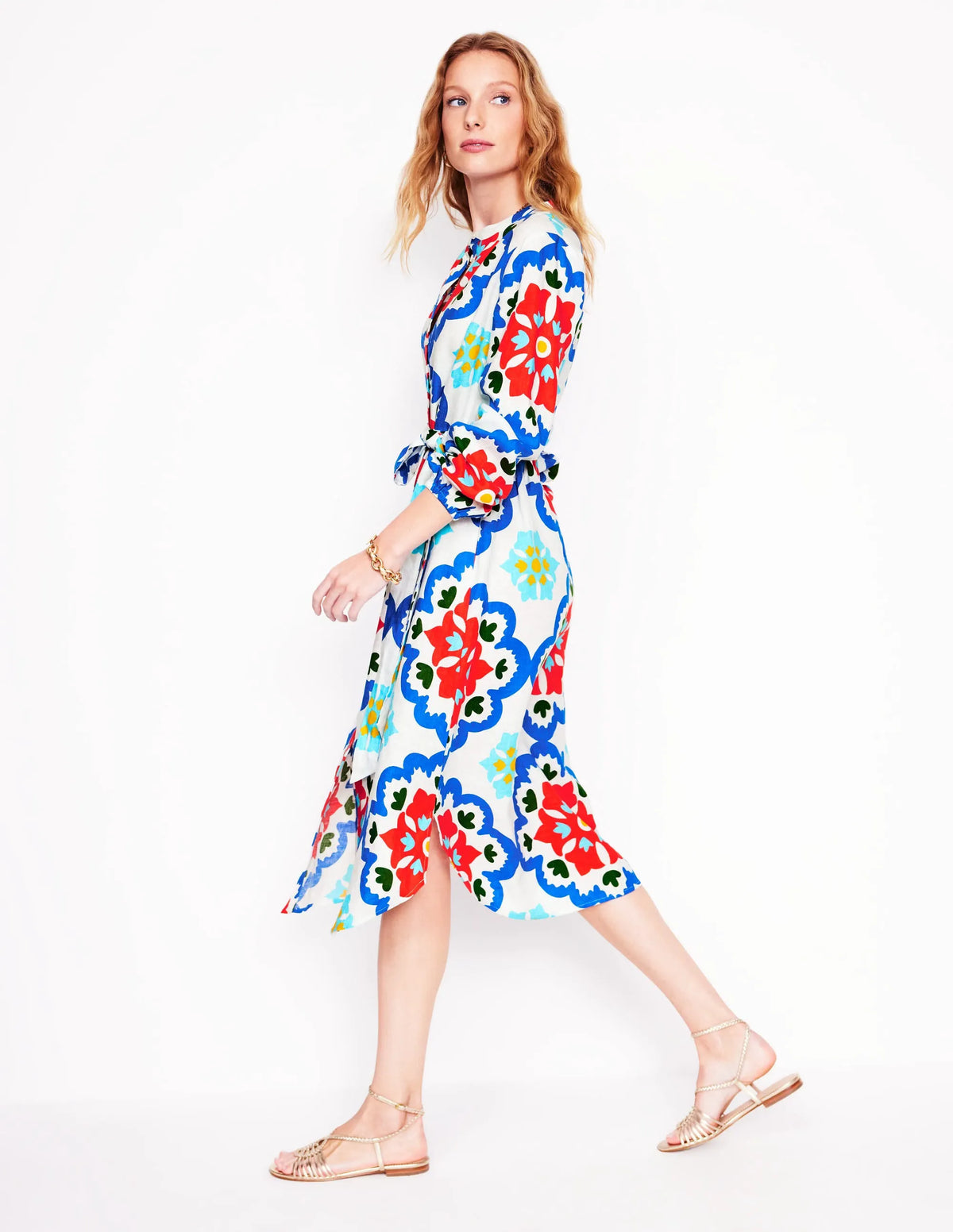 Straight Linen Shirt Dress-Ivory, Bloom Geo