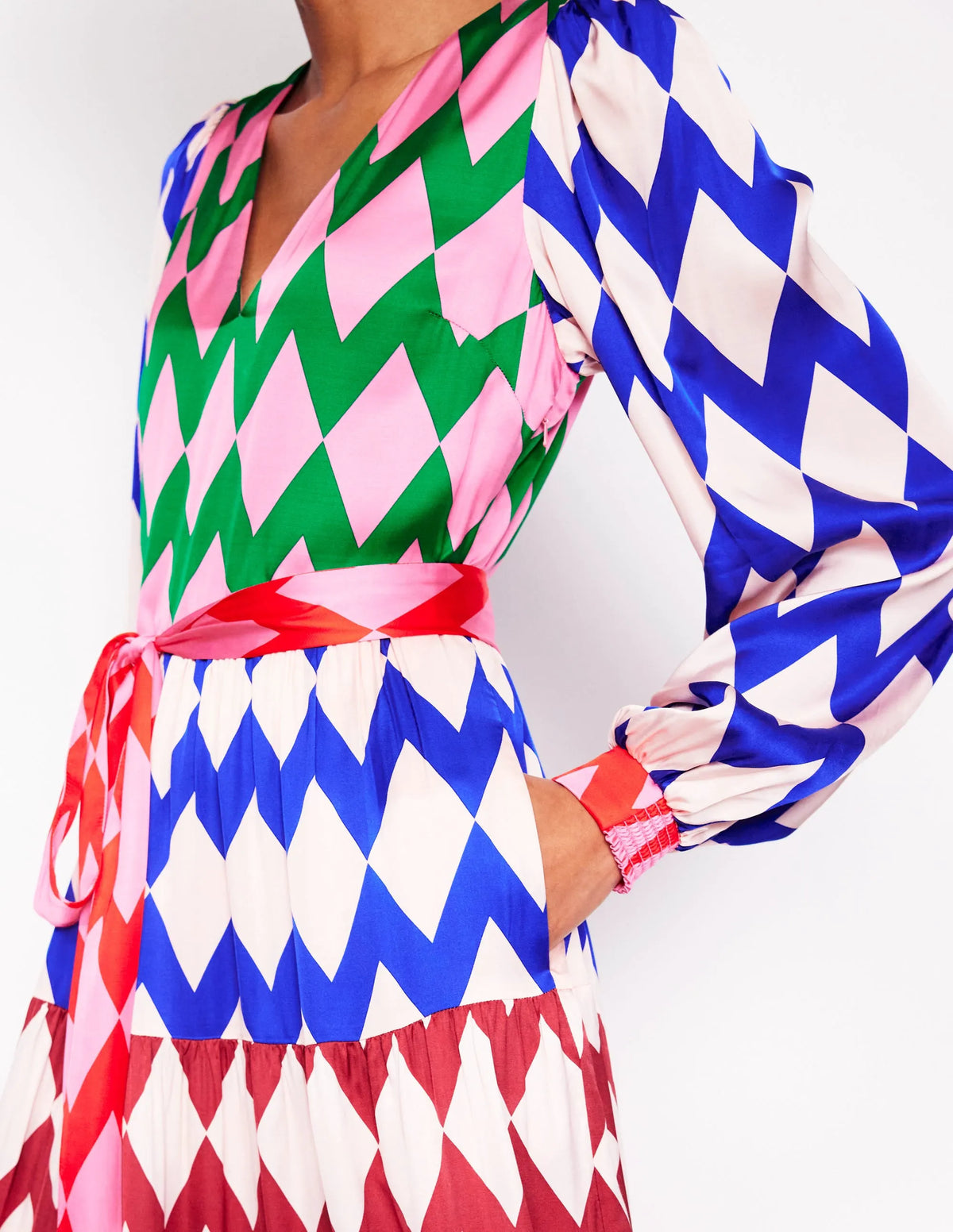 V-Neck Tiered Dress-Multi, Diamond Stripe