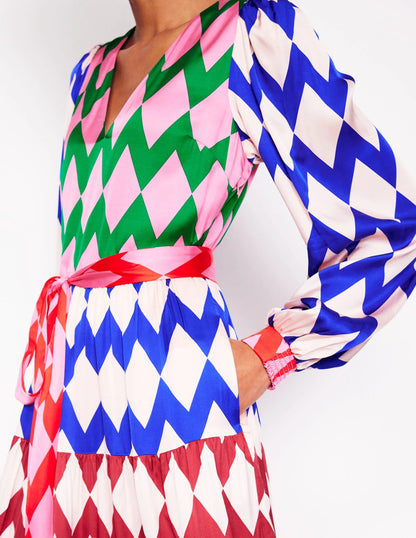 V-Neck Tiered Dress-Multi, Diamond Stripe