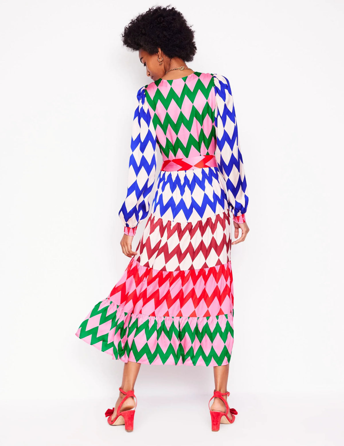 V-Neck Tiered Dress-Multi, Diamond Stripe