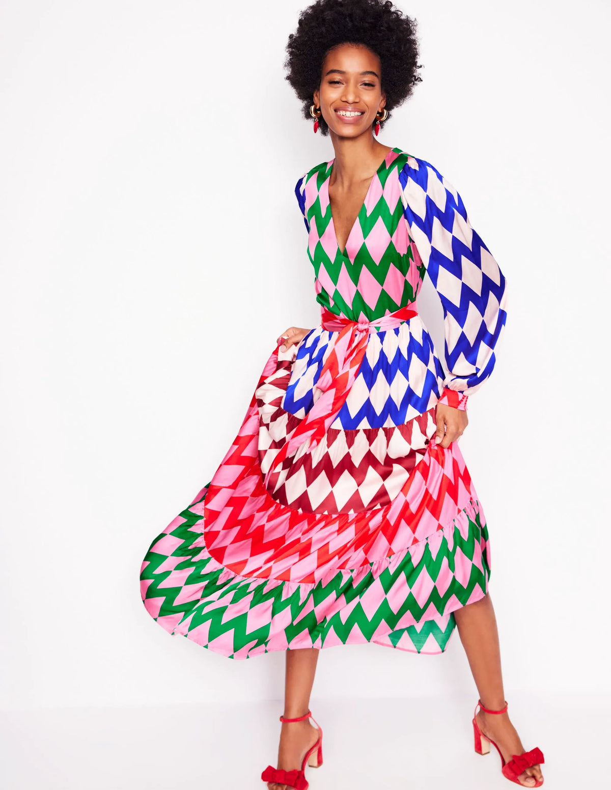 V-Neck Tiered Dress-Multi, Diamond Stripe