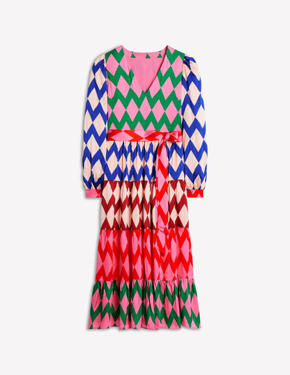 V-Neck Tiered Dress-Multi, Diamond Stripe