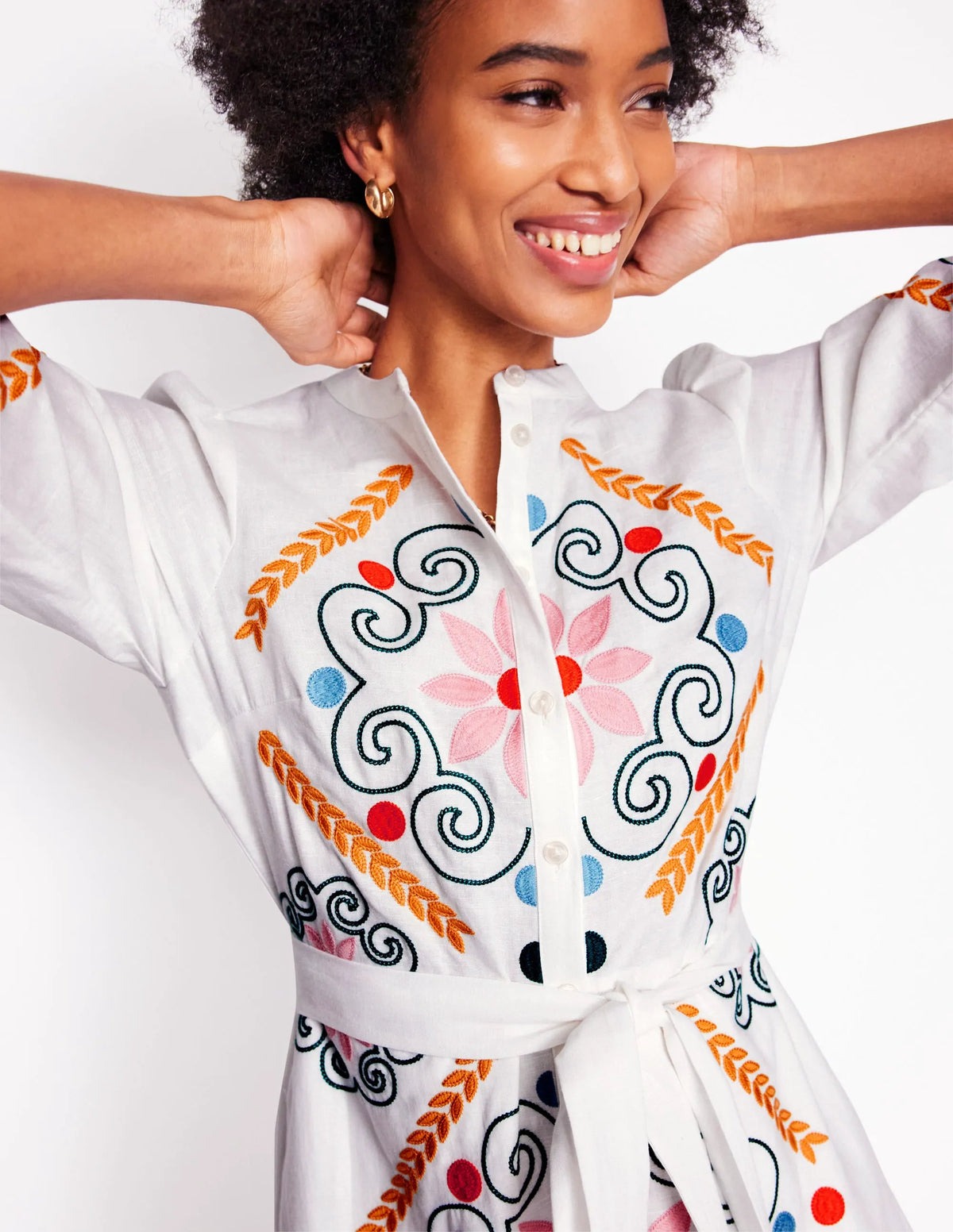 Ruby Linen Blend Shirt Dress-White Embroidery
