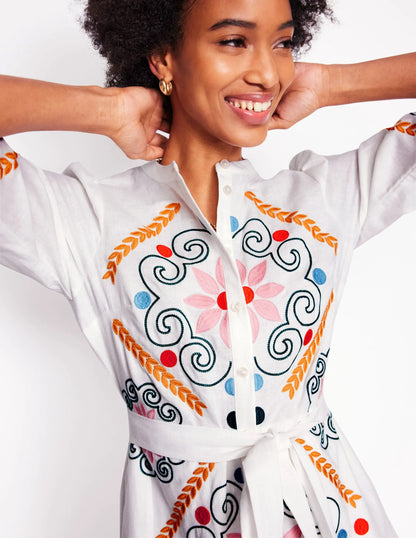 Ruby Linen Blend Shirt Dress-White Embroidery