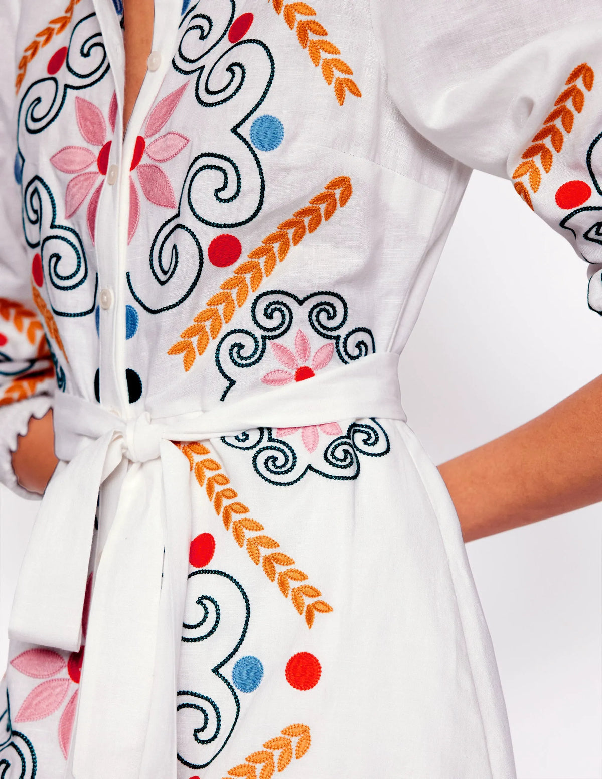 Ruby Linen Blend Shirt Dress-White Embroidery