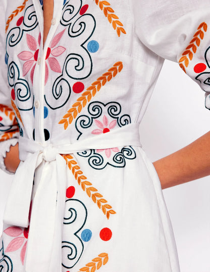 Ruby Linen Blend Shirt Dress-White Embroidery