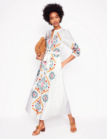 Ruby Linen Blend Shirt Dress-White Embroidery