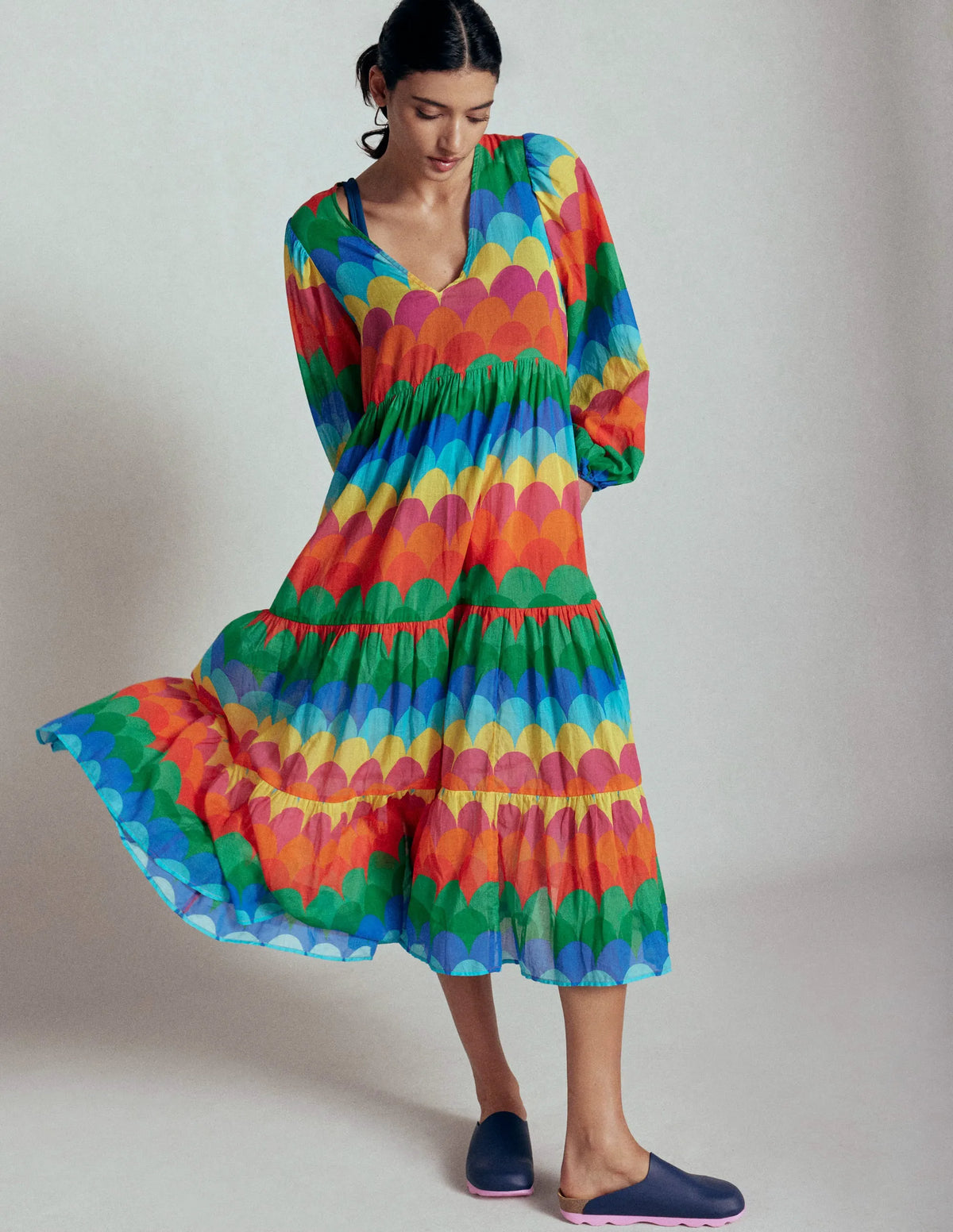 V-Neck Tiered Cotton Kaftan-Multi, Scallop Stripe