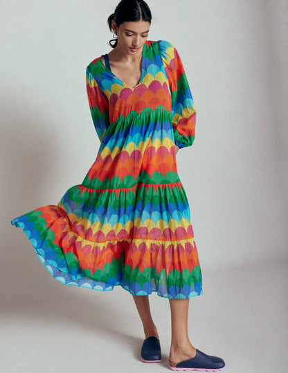 V-Neck Tiered Cotton Kaftan-Multi, Scallop Stripe