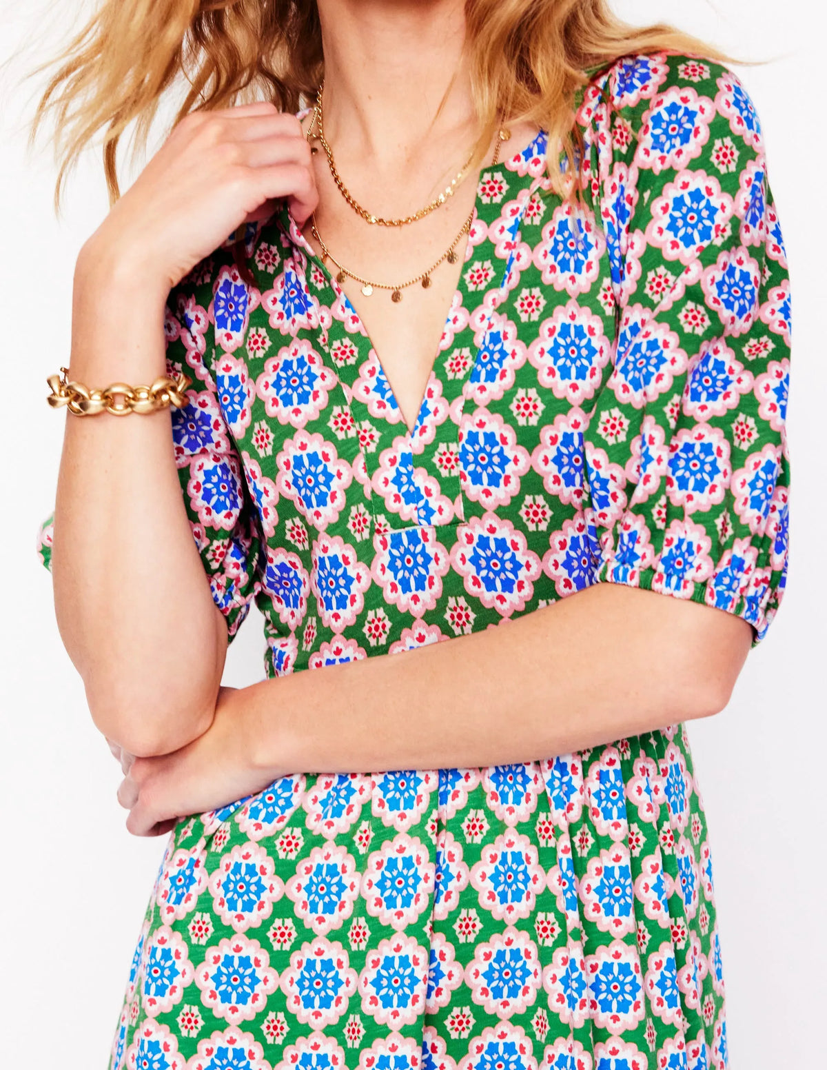 Piper Short Jersey Dress-Iguana Green, Bloom Geo