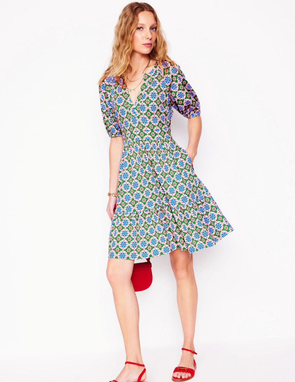 Piper Short Jersey Dress-Iguana Green, Bloom Geo