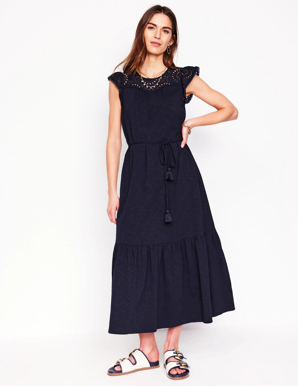 Juliet Broderie Midi Dress-Navy