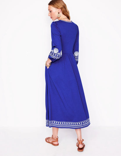 Embroidered Notch Neck Dress-Bright Blue, Ivory