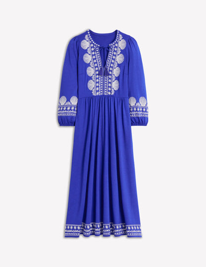 Embroidered Notch Neck Dress-Bright Blue, Ivory