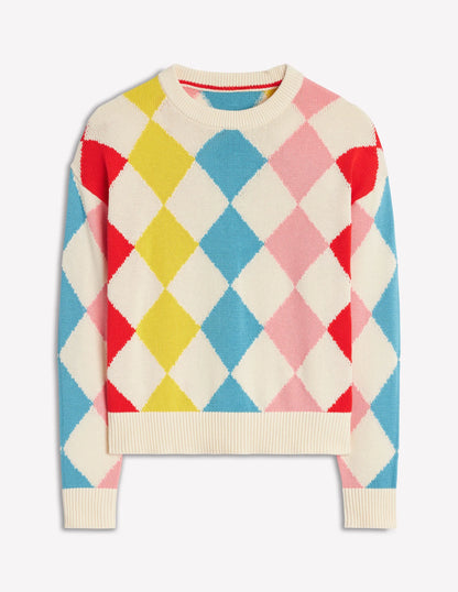 Cotton Argyle Sweater-Pink, Light Blue Argyle