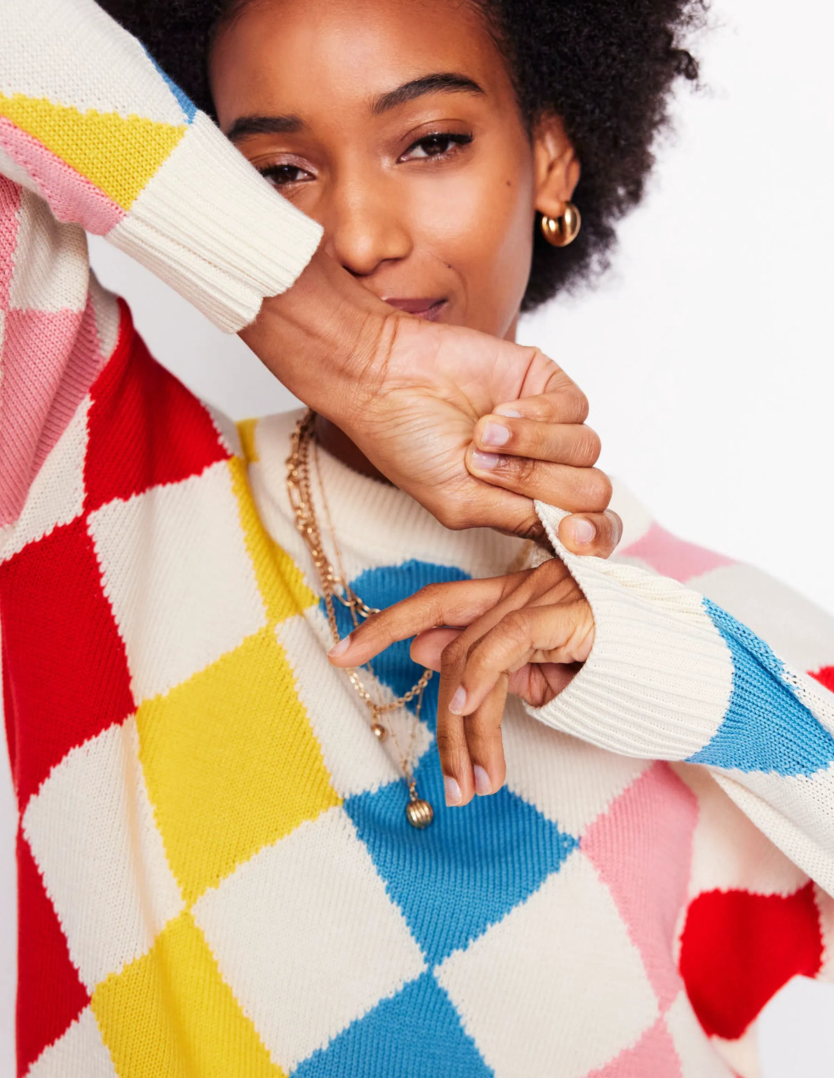 Cotton Argyle Sweater-Pink, Light Blue Argyle